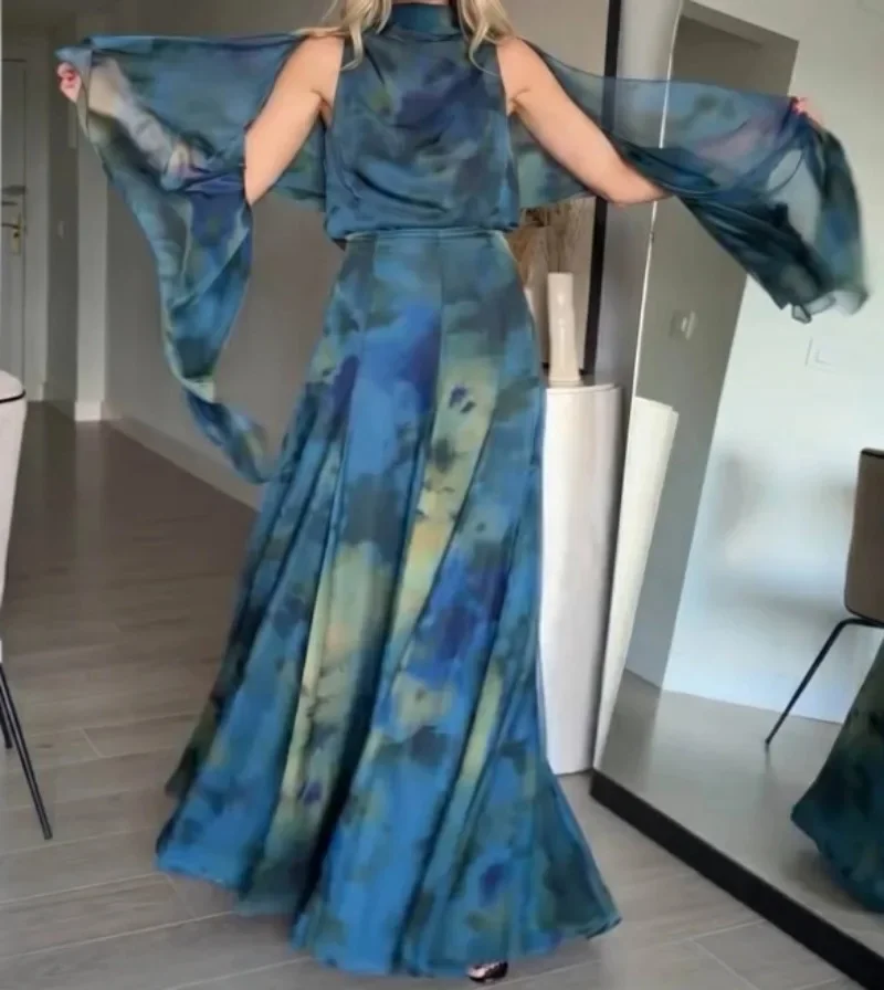 Elegant Blue Ombre Tie-dye Printed Off Shoulder Maxi Dress Satin Cowl Neck Tie Draped Dresses Party Wedding Luxury Evening Gowns