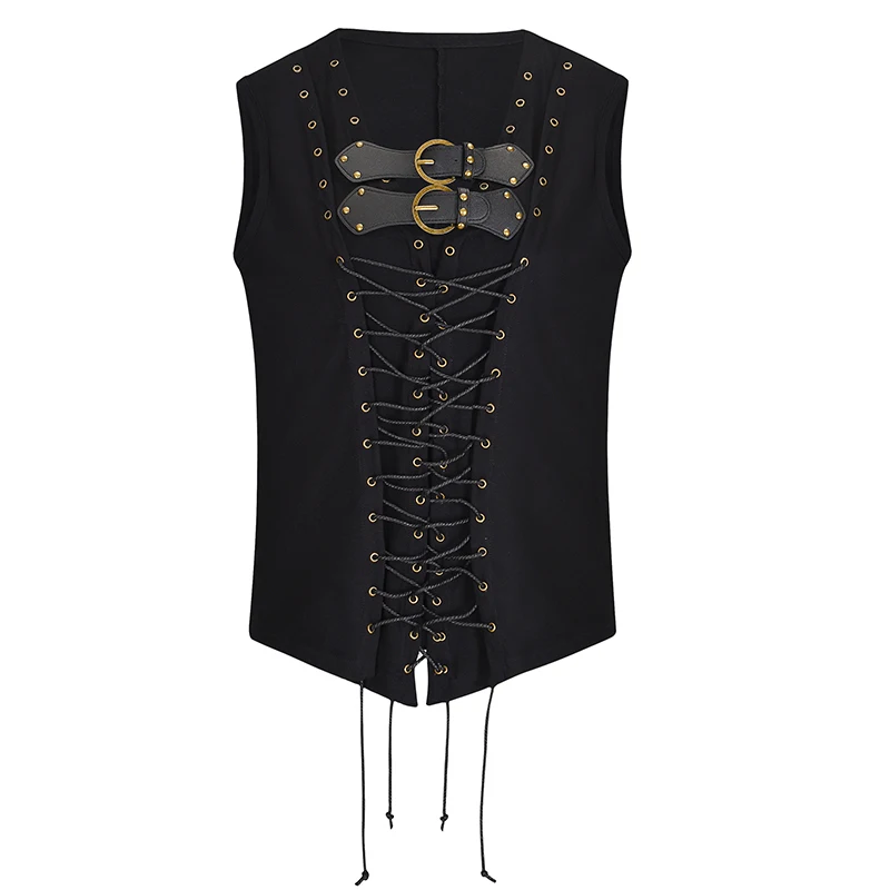 Black Belt Buckle And Straps V Neck Sleeveless Cosplay Vintage Steampunk Vest Men's Medieval Costume Gothic Top Victorian Vest