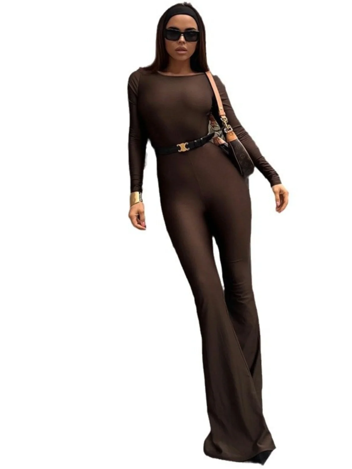 Ele Color Long Sve Sexy Bal Uitlopende Jumpsuit Hoge Taille Lange Broek Dunne Stof Wintercollectie Chinese Man...