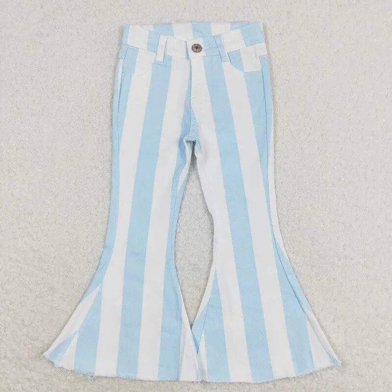 

Baby girls sky blue stripe Jeans toddlers denim bell bottom pants Kids Children Popular Boutique Wholesale elastic Clothing