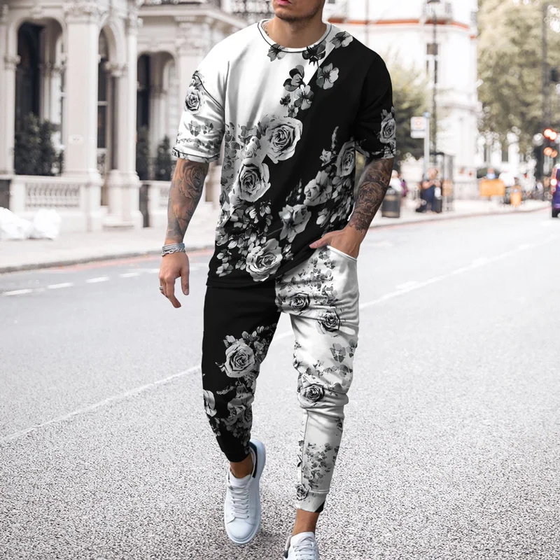 Summer Men Tracksuit Vintage 3D printed Short Sleeve T Shirt Long Pants 2 Piece Sets Casual Trend Oversized Clothing Urban Man