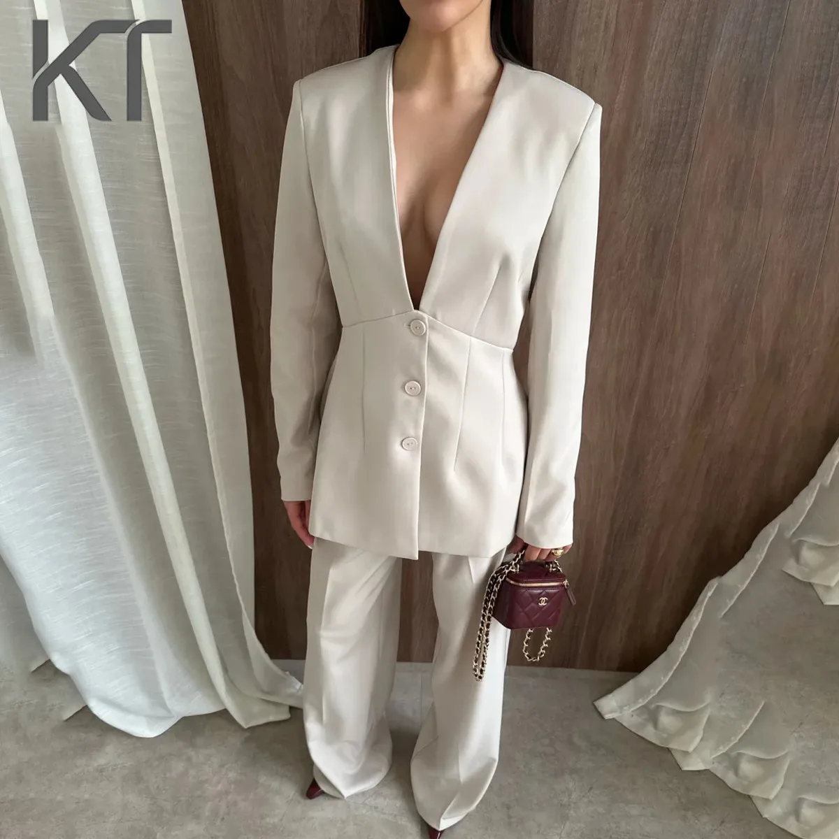 

KT Elegant Formal Set For Women Plunging V Neck Fitted Waist Blazer & High Waist Wide Leg Pants Wedding Guest & Office Suits