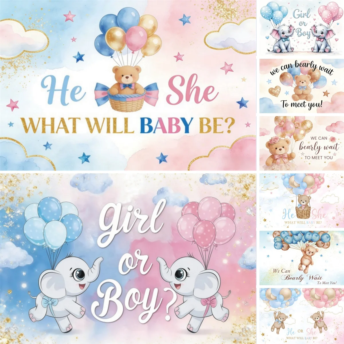 Gender Reveal Photography Background Ballons Bear Elephant What Will Baby Be Boy Or Girl Newborn Birthday Party Photo Backdrop