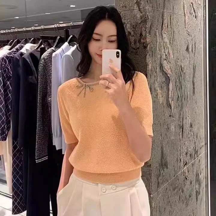 

Diamond Bowknot Knitwear round Ne Elastic Slimming Versatile ort Sve V-Ne Commute Sle Korean Faion Thin Summer Top