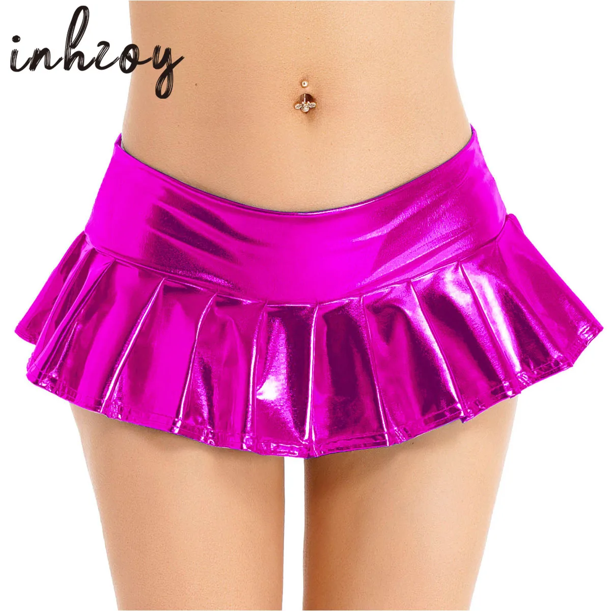 Womens Sexy Metallic Shiny Pleated Miniskirt Clubwear Fashion Wet Look Latex Exotic Low Rise Skirt Nightclub Pole Dance Costume