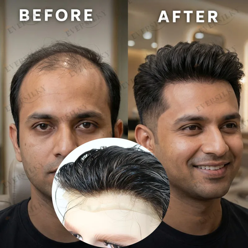 Silky Straight Remy Human Hair Swiss Lace Front PU Base Black Men's Hair Replacement System Durable Lace Top Hair Prosthesis Wig