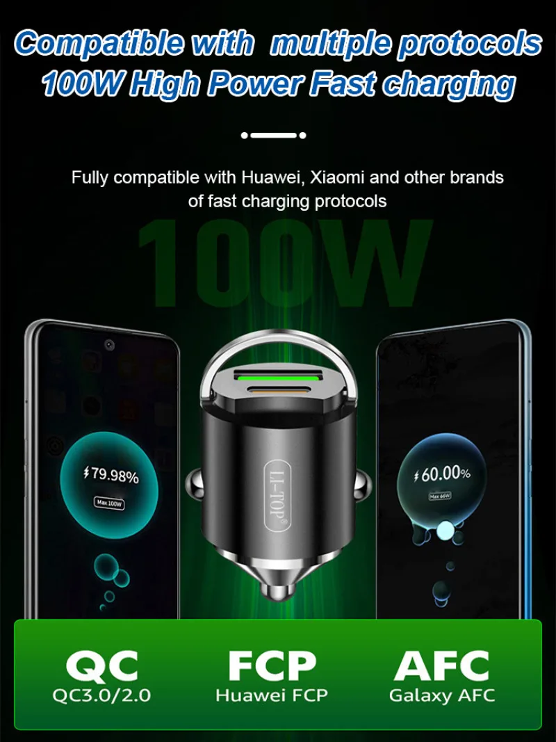 Super Fast Charging Car Charger Multi Port Quick Charge USB Car Adapter Charger 100w Fast Charge