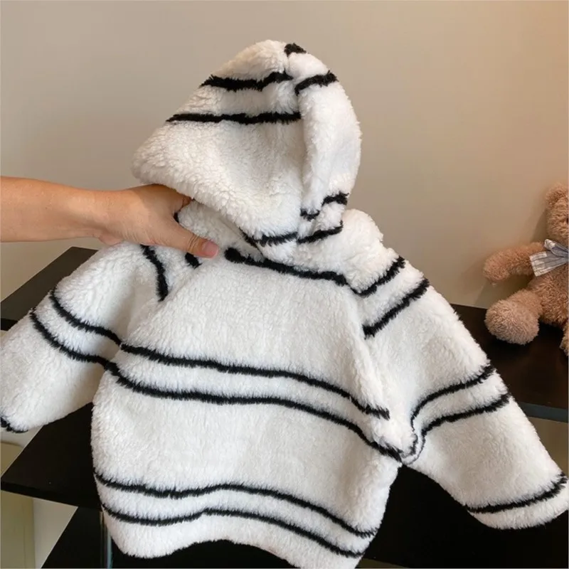 Fashion Baby Girl Lamb Fleece Striped Hooded Jacket Infant Toddle Child Sheeplike Coat Spring Autumn Winter Baby Clothes 1-7Y