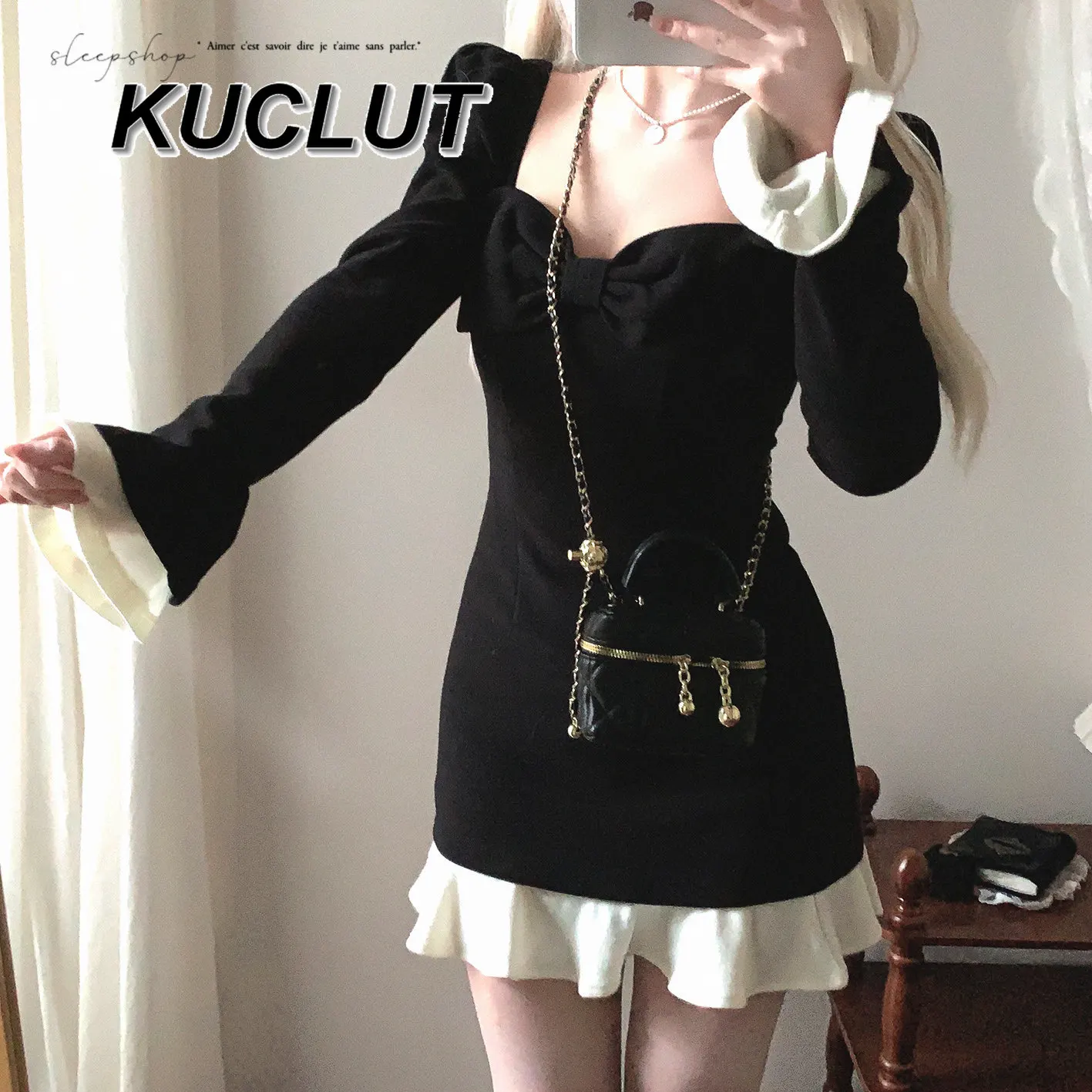 

Модные весенне-осенние платья с квадратным вырезом и длинными рукавами для женщин, с бантом, в стиле колор-блок, с простой отделкой рюшами, винтажное элегантное платье