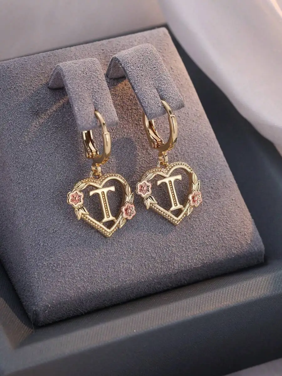 

Heart Shape Initial Letter Hoop Earrings With Floral Detail For Women Daily Valentine Gift