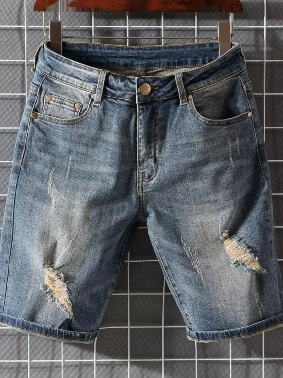 

Мужские джинсы-шорты в стиле ретро, прямые, с эффектом потертости, тонкие, летние, повседневные, свободного кроя, длиной до колена