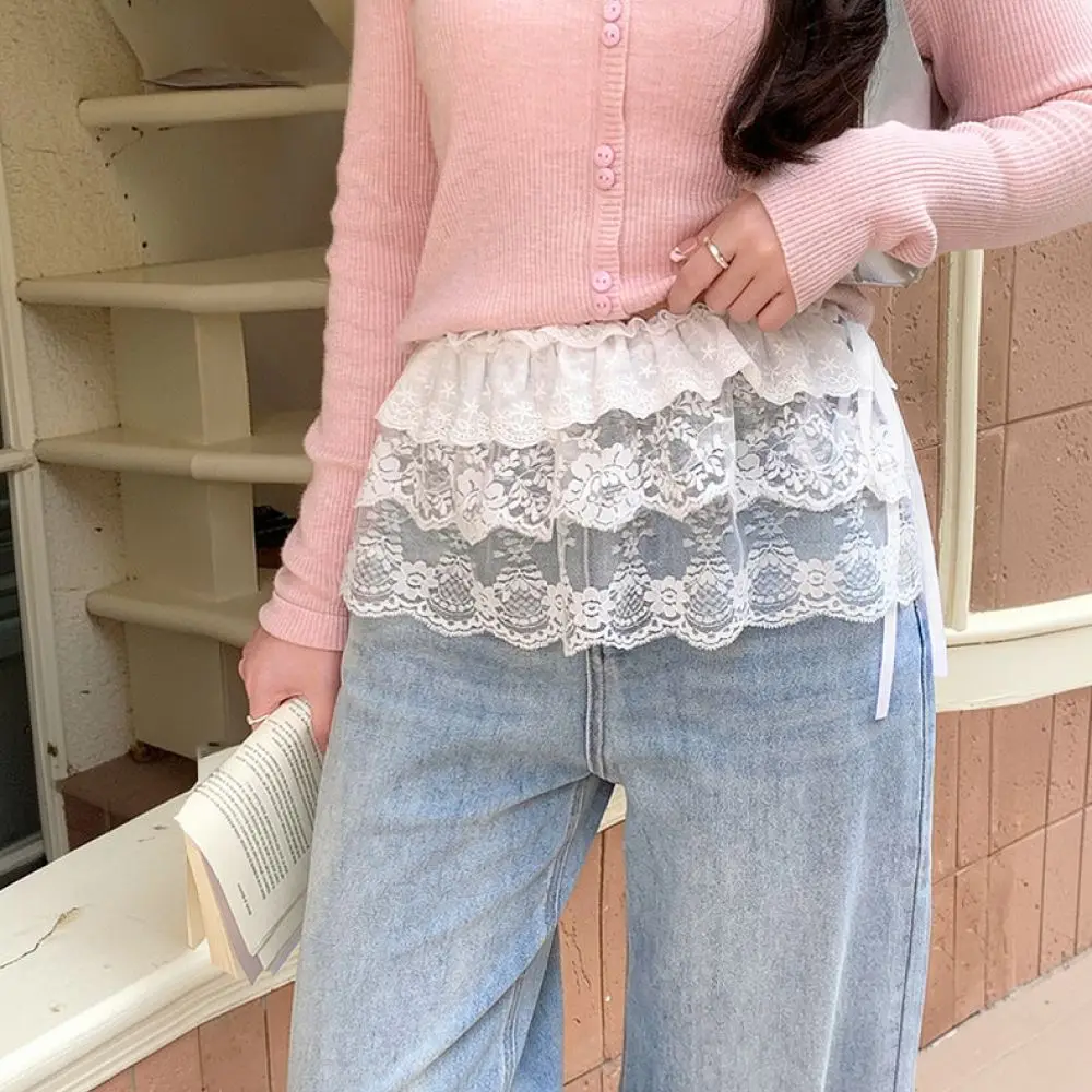 Cute Lace Ruffle Apron Skirt Women Adjustable Ribbon Mini Overlay Skirt Fairy Grunge Aesthetic Trendy Streetwear Outfits