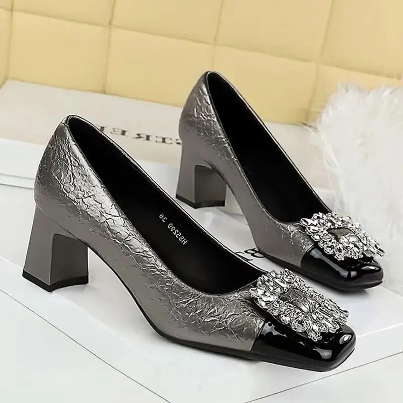 BIGTREE Spring Sunflower Crystal Square Head Women Pumps Kitten Thick Heel Fashion Elegant Party Ladies Shoes Zapatos De Mujer