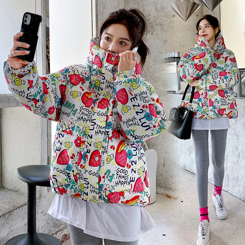 Giacca corta da pane, piumino di cotone, giacca di cotone, giacca di cotone autunnale e invernale allentata coreana stampata da donna, nuovo stile