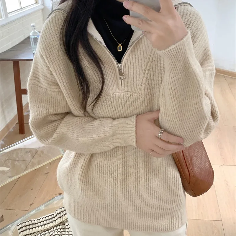 

REALEFT осень-зима винтажная полуводолазка свободные женские свитера с длинным рукавом на молнии повседневные корейские вязаные пуловеры женские