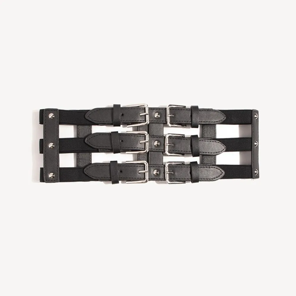 Fashion Three Row Buckle Waistband Belt Punk Style Wide Elastic Waist Belt Versatile Slim Fit Women's Waist Belt for Women
