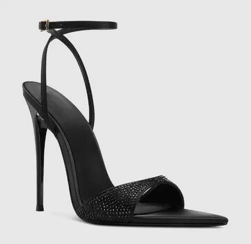 New Black Champagne Silk One Line Pointed Open Toe Ankle Strap Summer Sandals Women Thin Heels Party Evening Dress Shoes Size 45