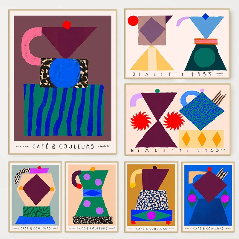 Póster de cafetera italiana minimalista colorido, cafeteras abstractas, pintura en lienzo, arte de pared para cafetería, cocina, habitación, decoración del hogar