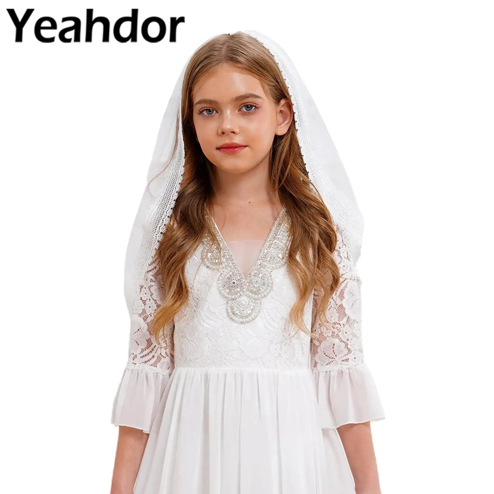 

Kids Girls Sheer Mesh Veil Double-layer Mesh with Lace Trim Headscarf Party Dress Accessory Bridal Veils Wedding Accessories