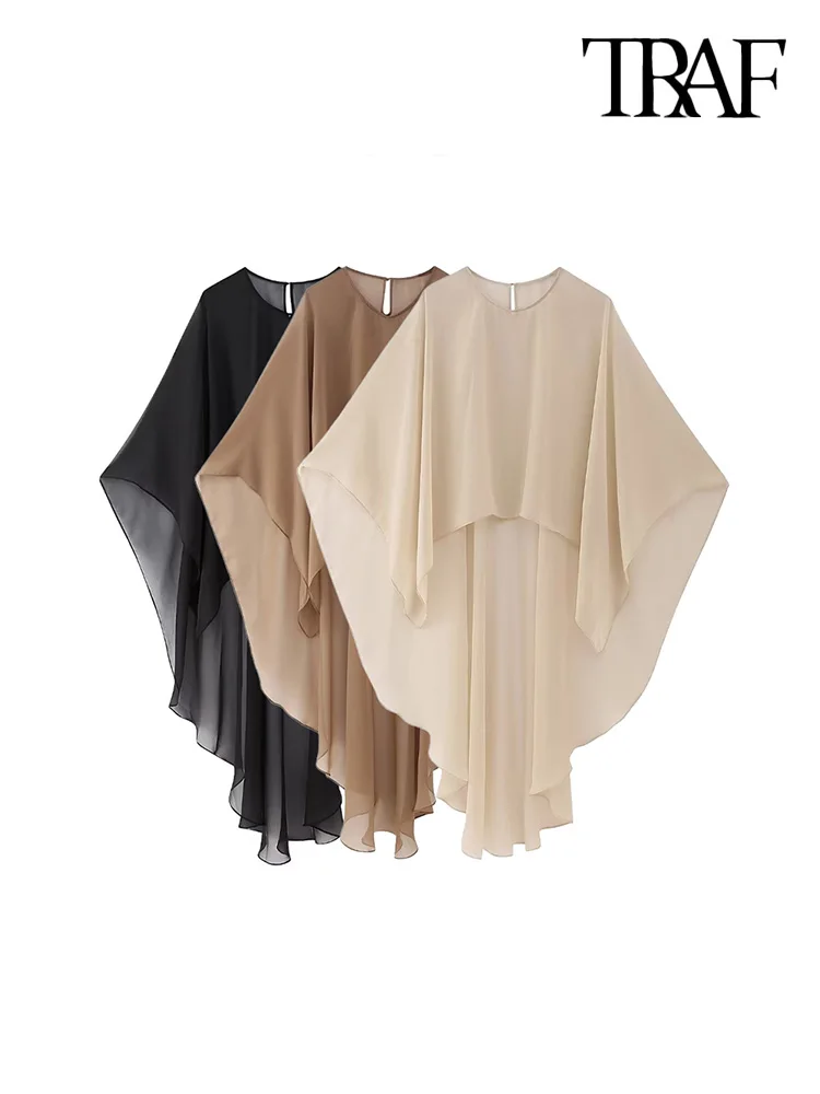 O Neck Back Button Female Shirts Blusas Chic Tops  Women Fashion Asymmetric Chiffon Semi-sheer Cape Blouses Sexy