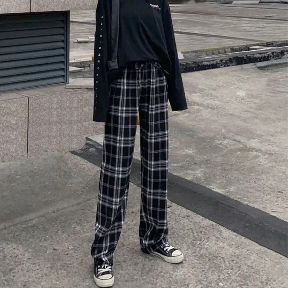 

Korean High Waist Vintage Plaid Women Pants Loose Wide Leg Harajuku Plaid Pants Straight Y2K Checkered Pants Ladies