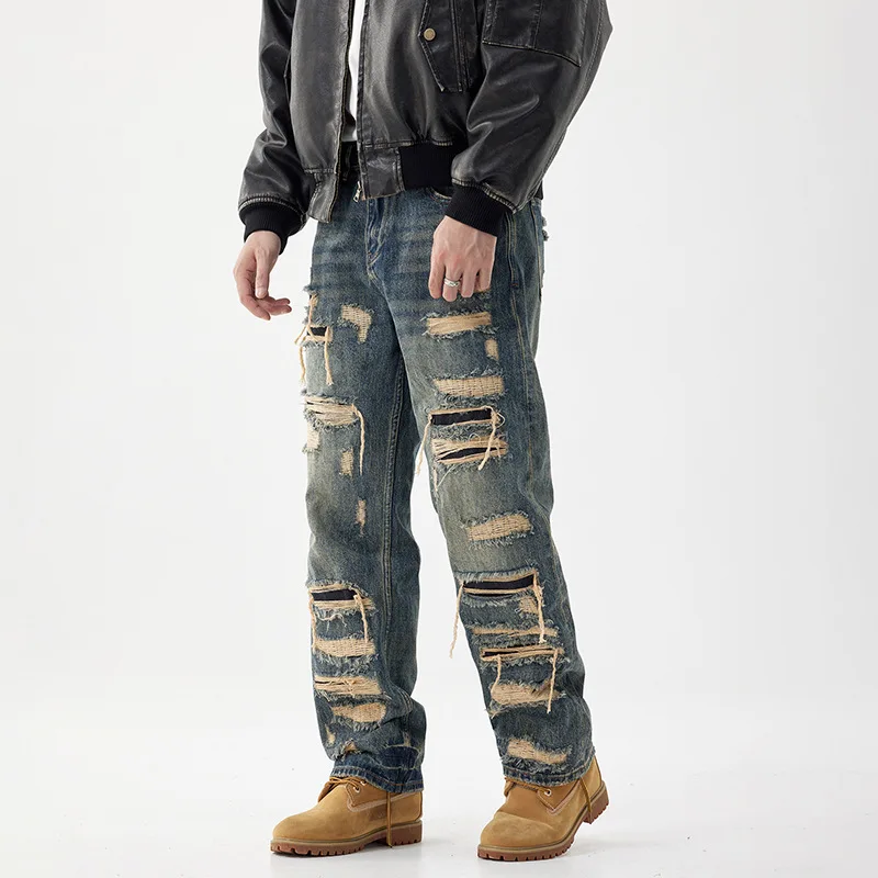 

American New Fashion Vintage Men's Casual Trendy Loose Wide Leg Hole Patched Blue Vintage Denim Trousers Male Jean Pants Clothes