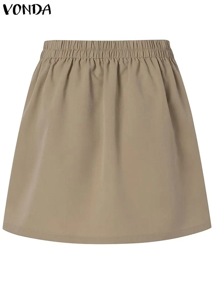 VONDA 2024 Summer Elegant Office Skirts Women Fashion High Waist Short Mini Skirts Pleated Casual Solid Color A-Line Vestidos