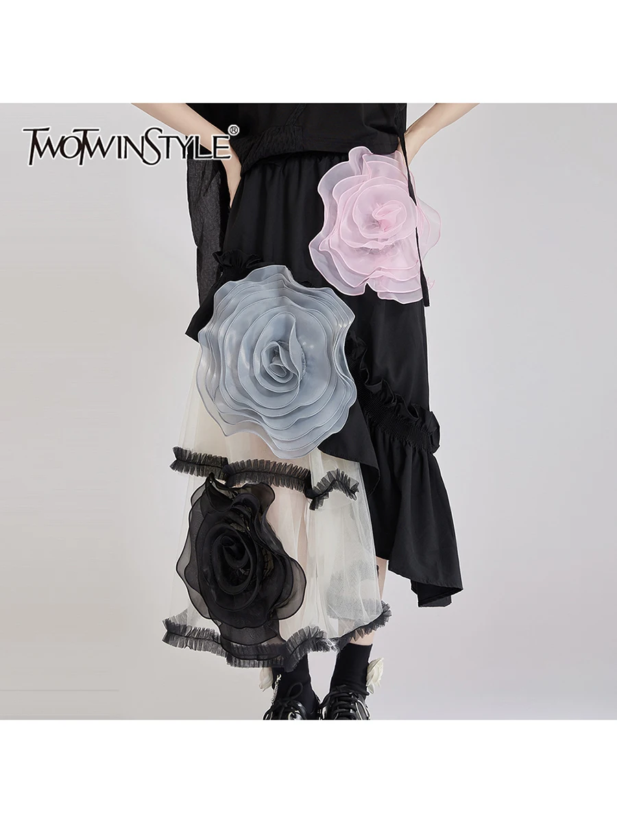 

TWOTWINSTYLE Hit Color Sheer Spliced Mesh Irregular Skirts for Women High Waist Patchwork 3D Flower Design Sense Skirt Female