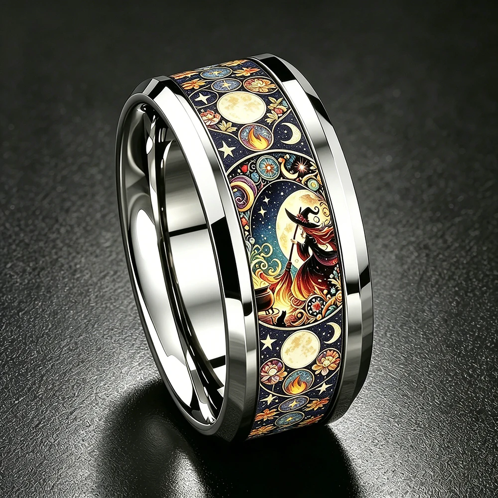 SUNFLOWERZHU Wholesale 8MM Halloween Witch Stainless Steel Ring Non-fading Wedding Band Engagement Polished Double Beveled Ring