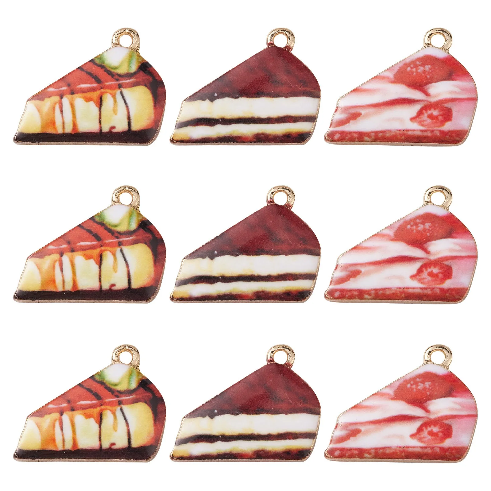 Pandahall 30Pcs 3 Styles Colorful Enamel Cake Dessert Charms Triangle Sweet Food Dangle Charms Bulk for Jewelry Making