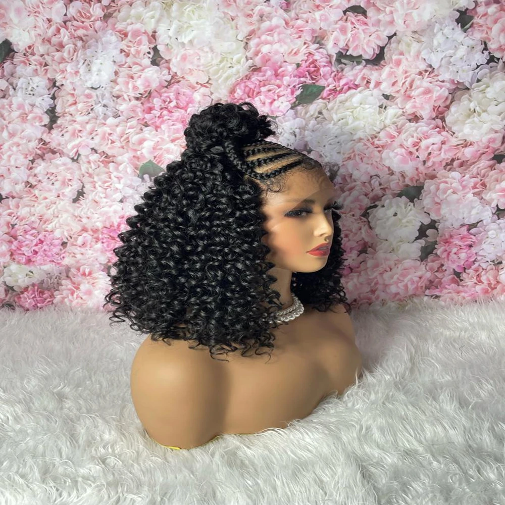カーリーアフリカンボックスブレイズスタイル合成レースフロントウィッグ、ベビーヘア付き黒人女性用レースフロントウィッグ