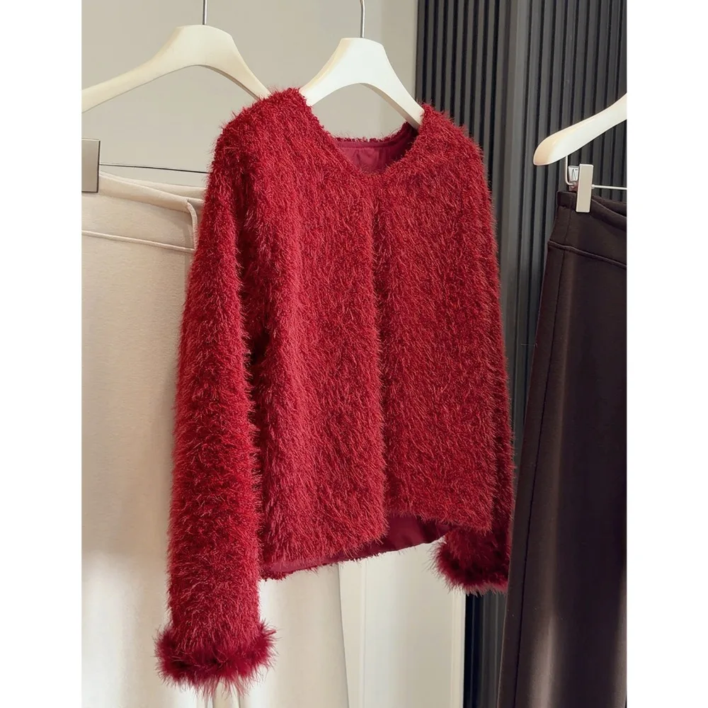 Women New Year Red V Neck Knitted Tops Sweater Spliced Fur Long Sleeve Loose Pullover Jumper Autumn Spring Casual Streetwear