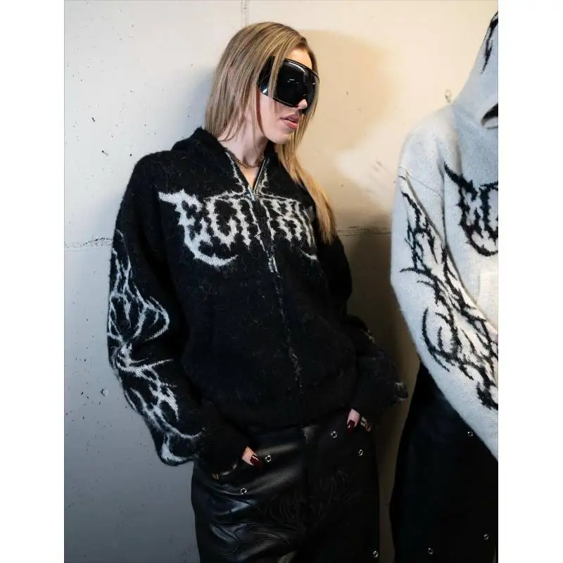 

Осень-зима 2025: новый свободный свитер на молнии в европейском и американском стиле Харадзюку в стиле хип-хоп с темным принтом