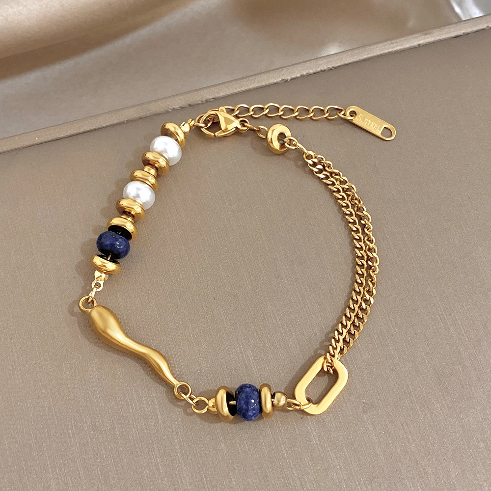 Vintage Naturstein-Perlenarmband für Frauen Schickes Doppelschichtiges Dickes Kettenarmband in Goldfarbe aus Edelstahl Partyschmuck