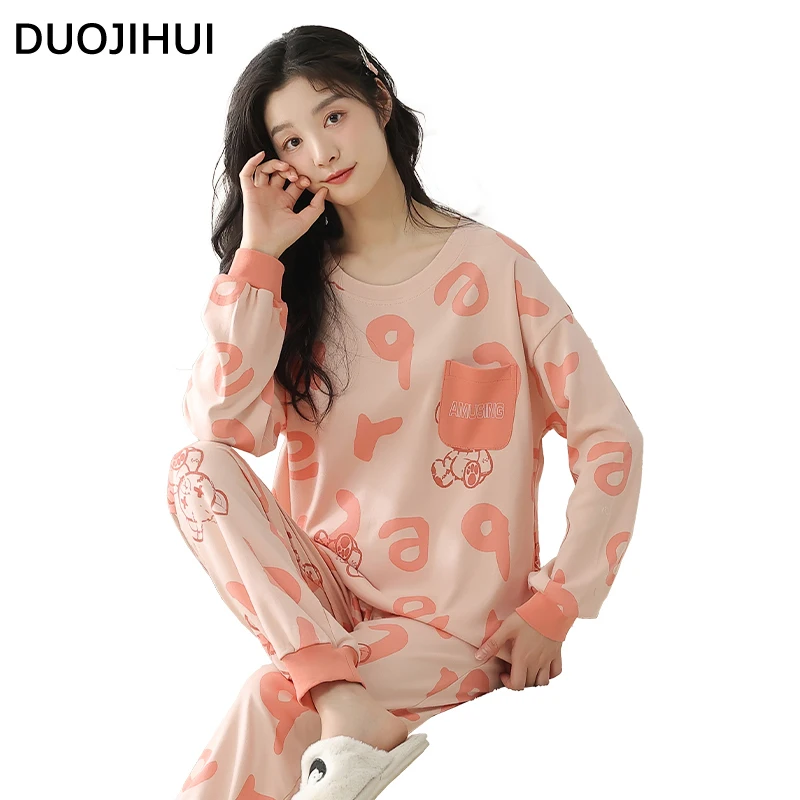 DUOJIHUI-Conjunto de pijama holgado para mujer, ropa de dormir de manga larga con estampado de Chicly, Color de contraste, básico, Simple, informal, a la moda