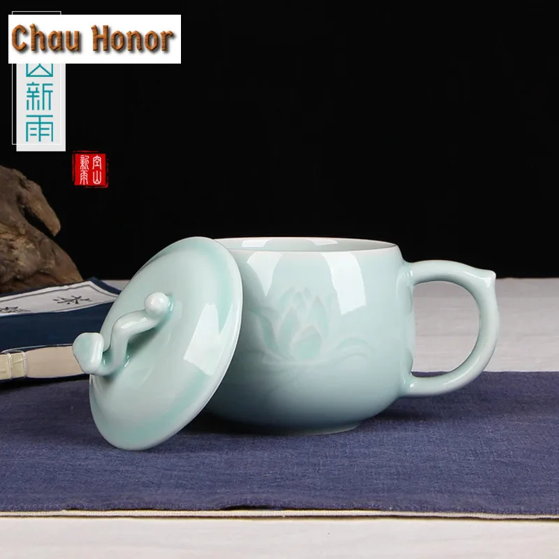 350ml Longquan Celadon Lotus Coffee Mug With Lid Oatmeal Breakfast Mug Afternoon Tea Mug Fruit Juice Milk Jug Office Water Cup