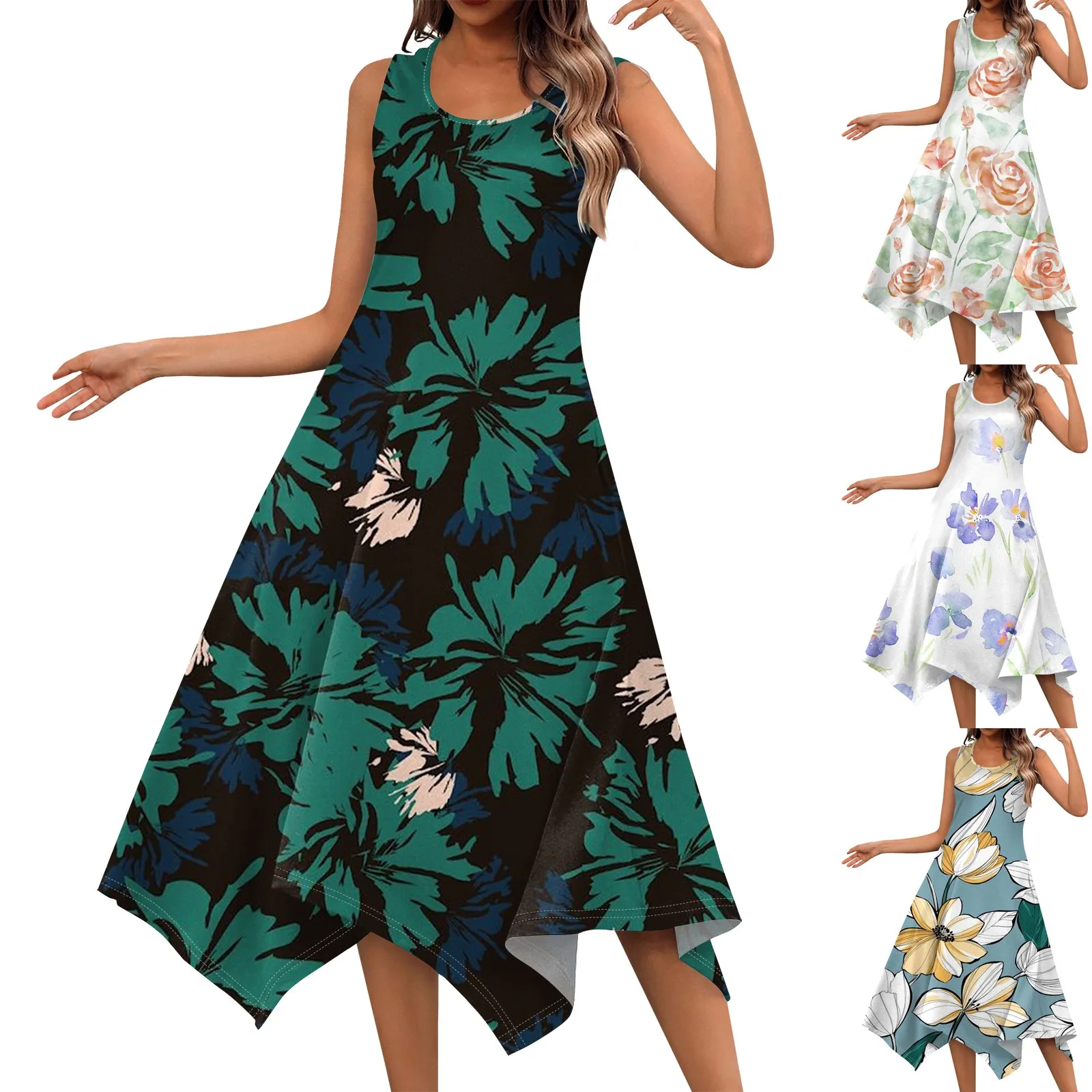 Women'S Casual Dress Floral Printed Fashionable Round Neck Dress Tank Top Flowy Graceful 2024 Sleeveless Irregular Hem Dress