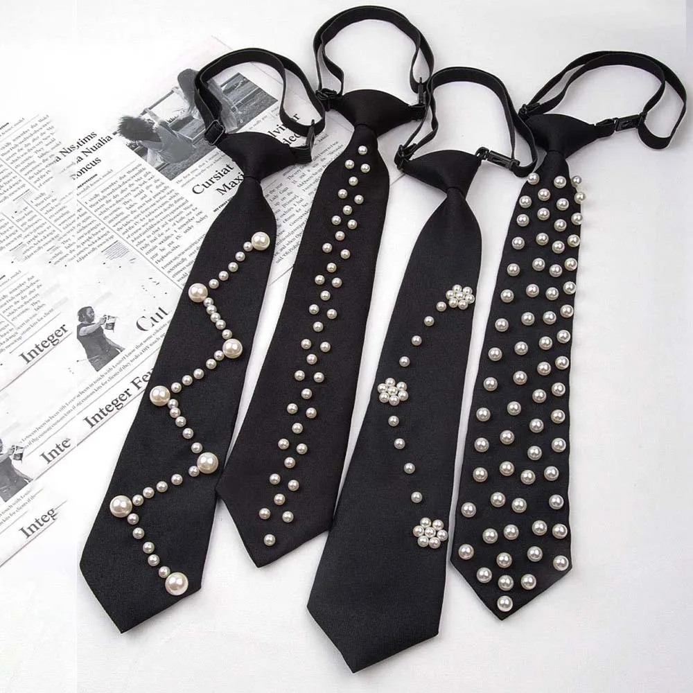 Elegant Korean Style Pearls Tie Black Tassels Hand-beaded Long Necktie Choker Collares Decoration Shirt Tie Daily