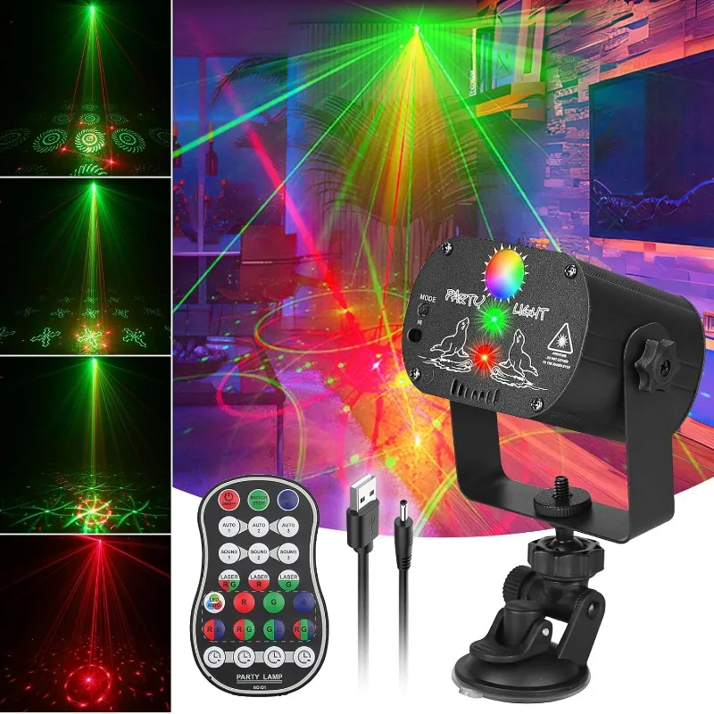 

DJ Laser Party Lights, RGB LED Disco Light, Sound Activated Projector Strobe Light with Remote Control for Christmas Halloween D