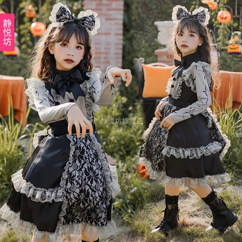 Halloween Costume Cos Kids Loli Dress Dark Gothic Witch Girl Maid Costume