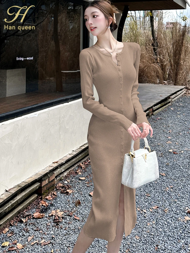 H Han Queen 2024 Autumn Winter Vintage Vestidos Korean Stretch Knit Single-Breasted Party Casual Dress Women Inner Midi Dresses