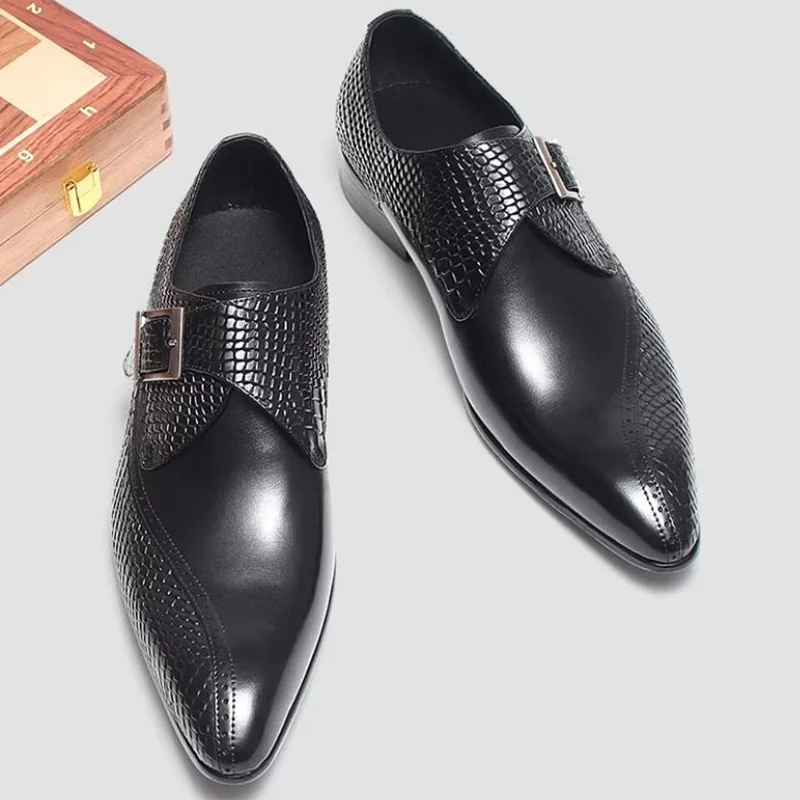 

British Style Pointed Toe Dress Loafers Men Genuine Leather Formal Shoes High Quality Slip-on Monk Strap Shoes Man Real Leather