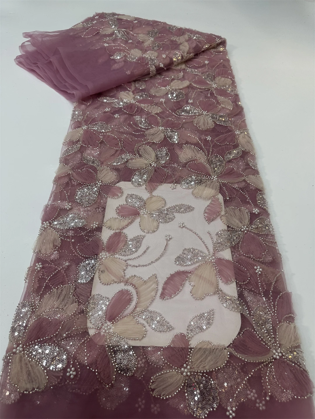 قماش دانتيل مطرز بالكامل ثلاثي الأبعاد مع ترتر قابل للتمدد، JIT جاهز للشحن لفساتين الحفلات وحفلات الزفاف وحفلات السهرة