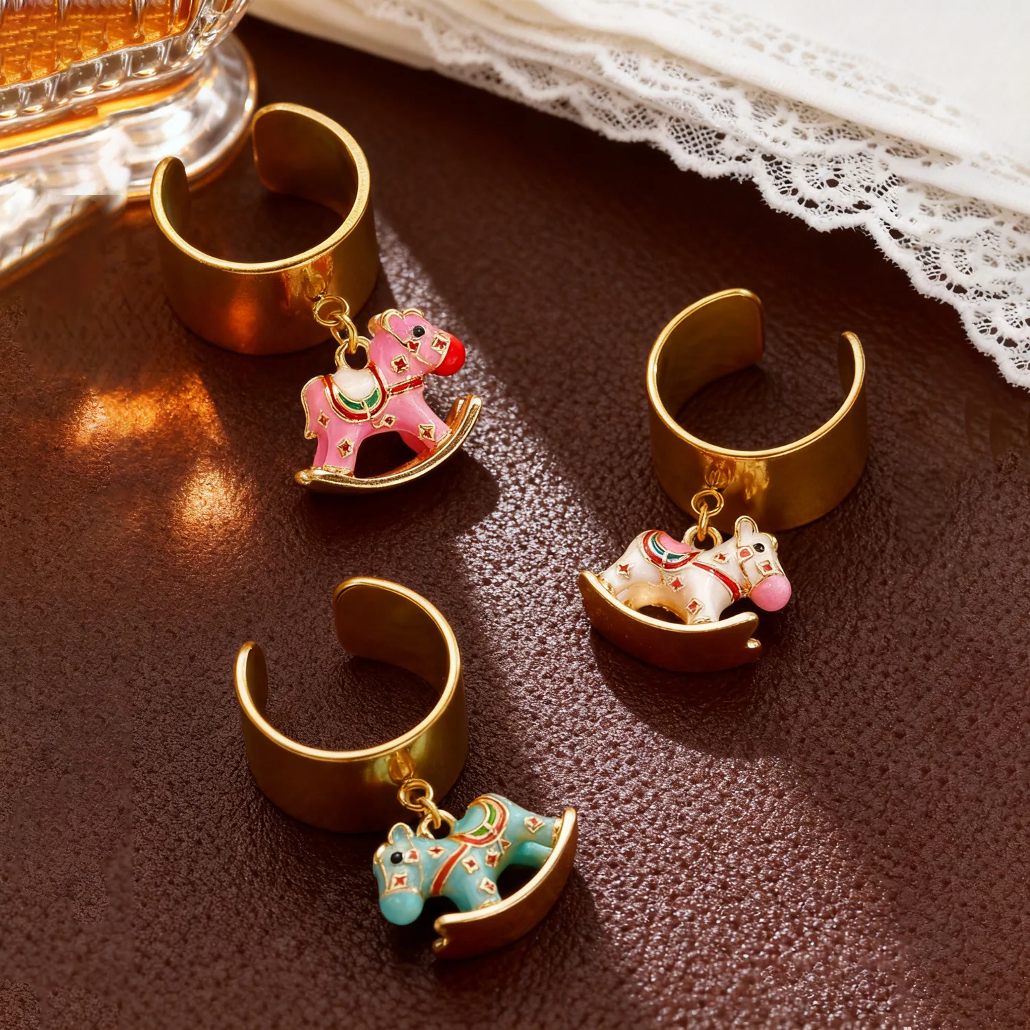 Minimalist Stainless Steel Cartoon Horse Open Ring , 18K Gold Plated Charm Wide Ring, High Quality Luxury Jewelry for Women