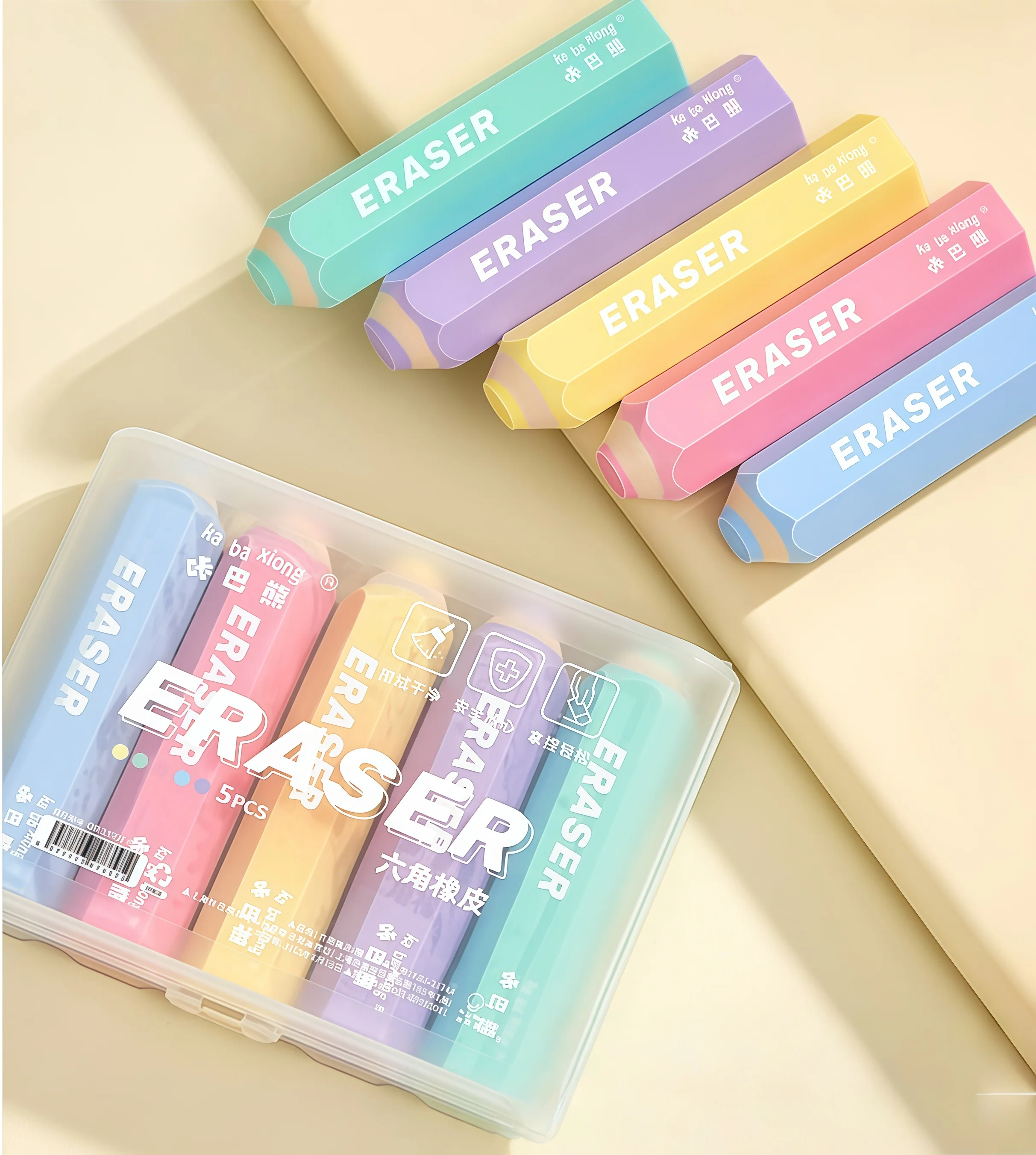 5Pcs/Hexagonal Pencil Eraser - Candy Colors, Precise Erasing, Break-Resistant, No Residue - Ideal for Students' Exams