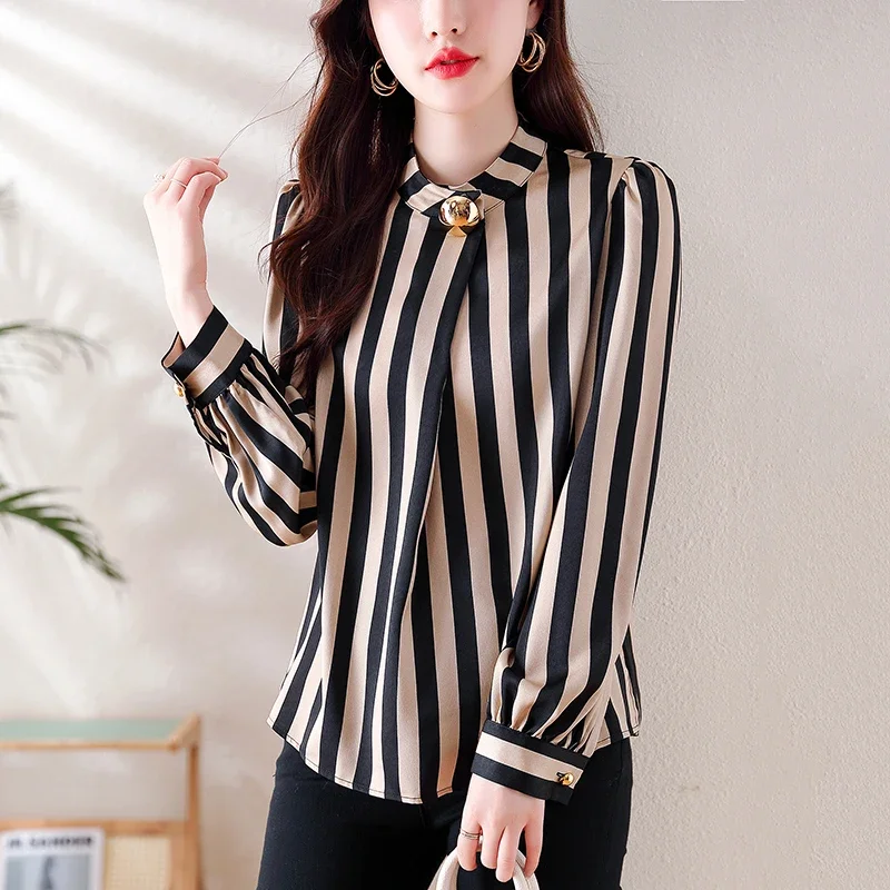 Chiffon Stripe Shirts for Women, Loose Vintage Blouses, O-Neck Clothing, Long Sleeves, Spring and Summer Fashion