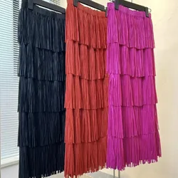 2023 New Vintage A-line High-waist Long Skirt Women Design Fringe Skirts Female Korean Fashion Tiered Skirt Elegant Solid Color