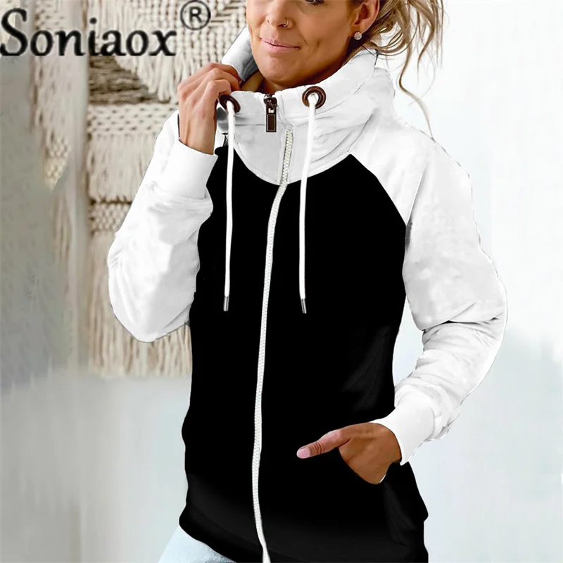 Casual Color Block Sweatshirt Women Zip Up Hoodies Cardigan Long Sleeve Loose Hooded Sweatshirts Coats Jackets Streetwear Tops