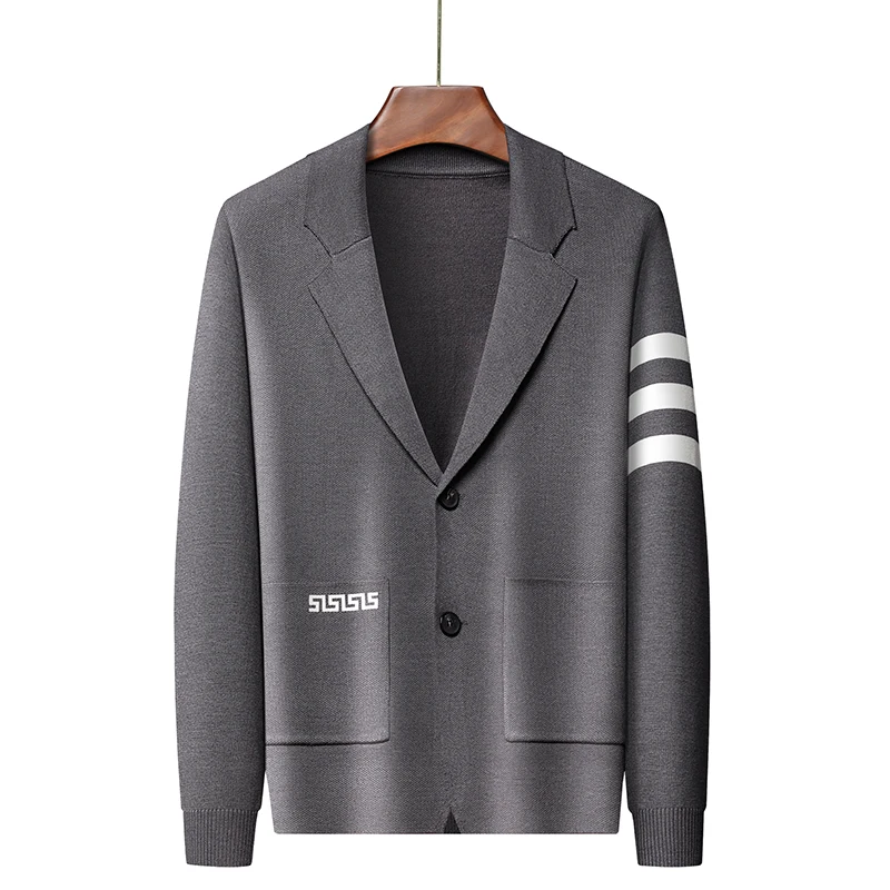 

Autumn Winter New Men's Suit Collar Solid Color Sweater Knitwear High Quality Quality Stripe Cardigan Coat Casual Trend Menswear