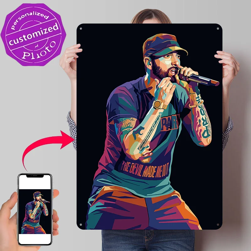 Eminem Performing With Microphone Personalized 3D Textured Metal Poster Wall Art Vintage Tin Signs for Living Room Decoration